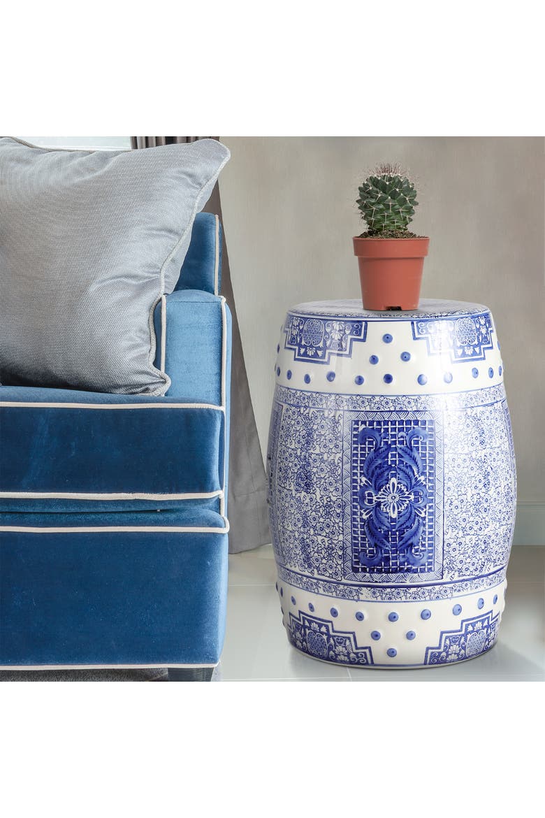Acanthus Traditional Floral Chinoiserie Ceramic Drum Garden Stool, Pierced Indoor/Outdoor Patio Seat & Side Table, Alternate, color, Blue/White