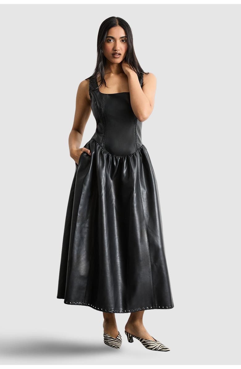 Warehouse Faux Leather Whipstitch Trim Midi Dress, Main, color, Black