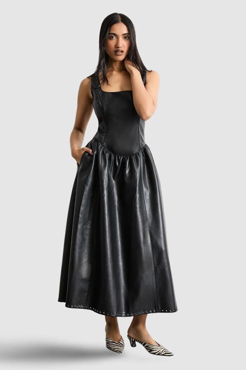 Faux Leather Whipstitch Trim Midi Dress