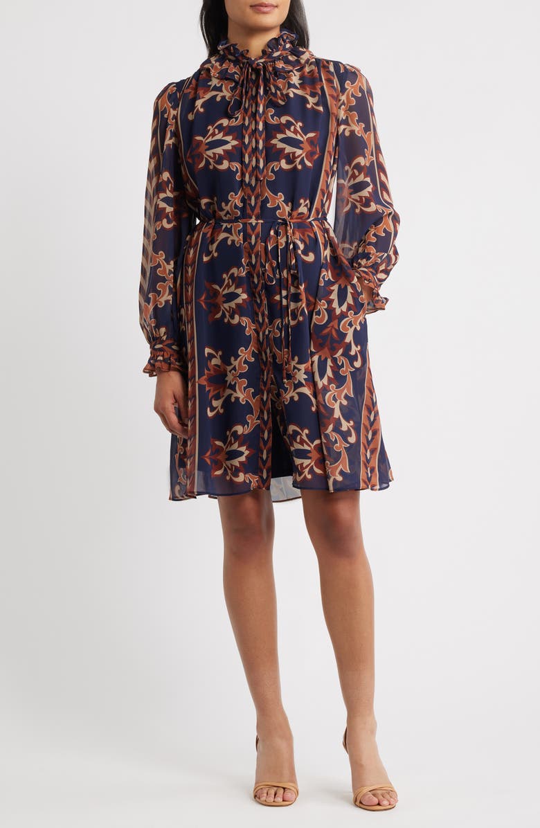 Julia Jordan Florentine Print Long Sleeve Tie Neck Shirtdress, Main, color, Navy Multi