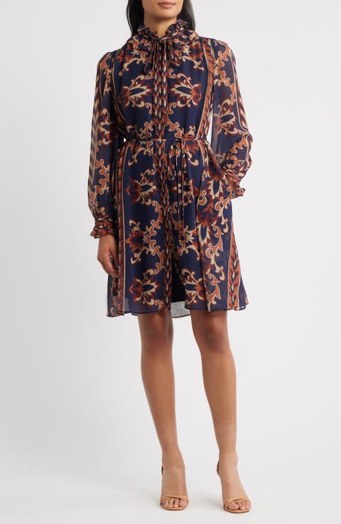 Florentine Print Long Sleeve Tie Neck Shirtdress
