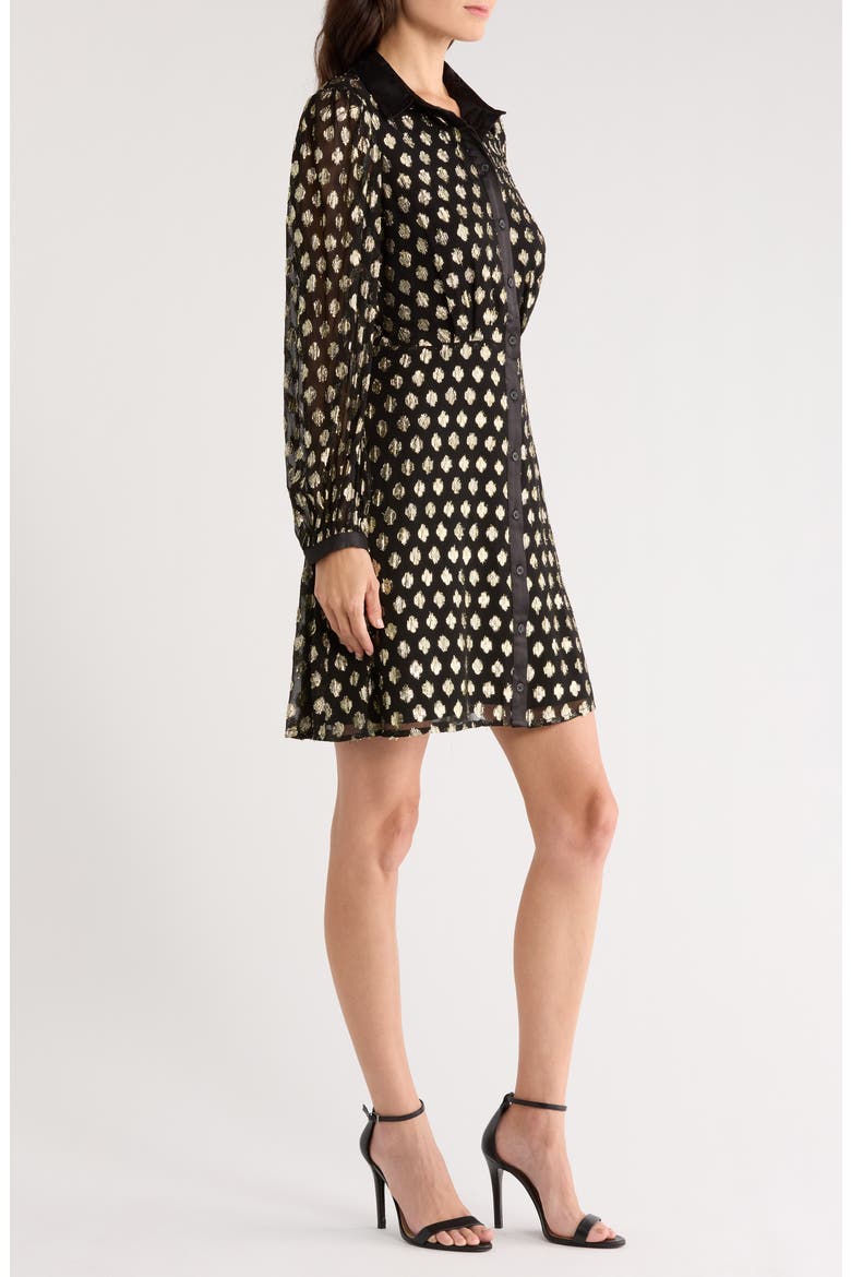 Foil Dot Empire Waist Long Sleeve Shirtdress, Alternate, color, BLACK/GOLD