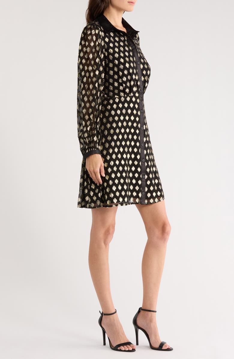 Halogen<sup>®</sup> Foil Dot Empire Waist Long Sleeve Shirtdress, Alternate, color, Rich Black/ Bright Gold