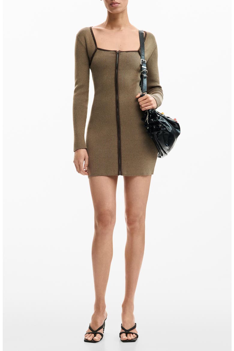 Rib Front Zip Minidress, Main, color, BROWN