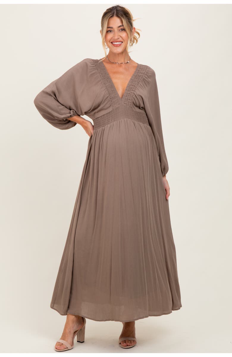 PinkBlush Solid Long Sleeve V-Neck Smocked Detail Maxi Dress, Main, color, Mocha