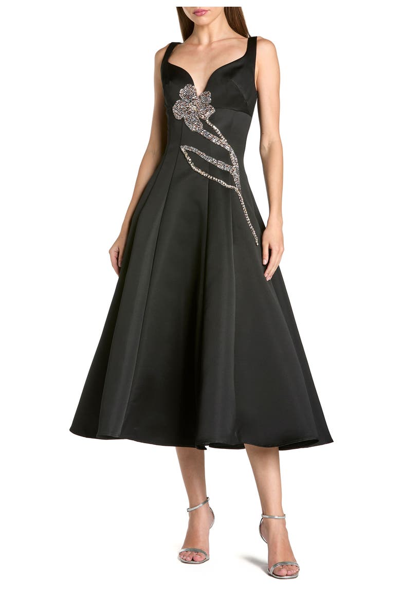 Mac Duggal A-Line Midi Dress With Embellished Flower, Main, color, Black Gold