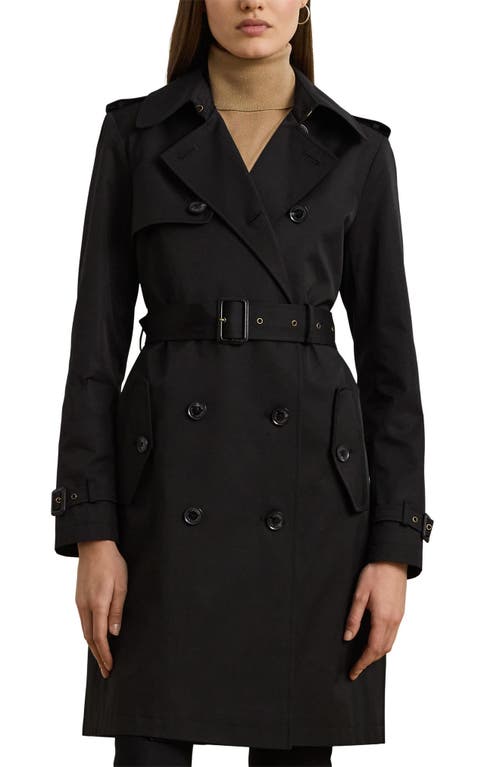 Ralph Lauren Lauren  Double Breasted Belted Cotton Blend Trench Coat In Black