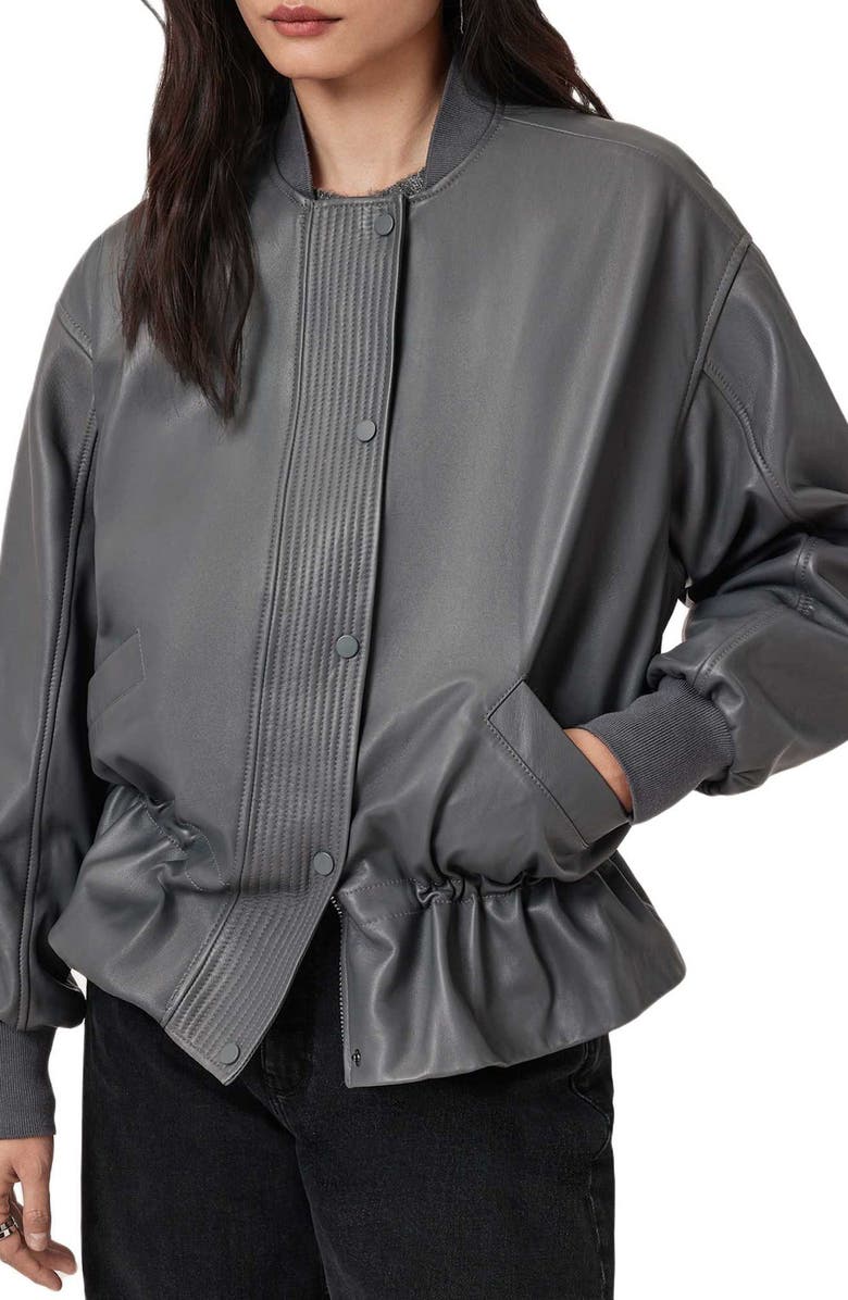 AllSaints Sofi Leather Bomber Jacket, Alternate, color, Graphite Blue