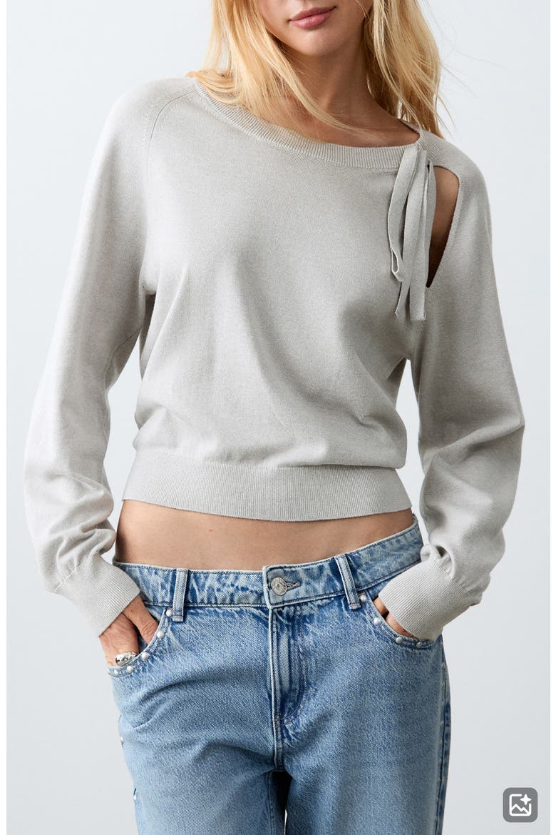 Tie Neck Cotton Sweater, Main, color, MEDIUM HEATHER GREY