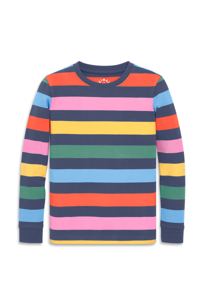 Kids Organic Long Sleeve Pj Top In Stripe, Main, color, Sunwashed Navy Rainbow Stripe