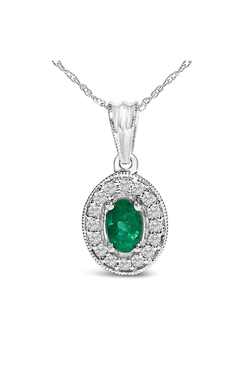 14K White Gold Oval 6x4 MM Green Emerald and Diamond Halo Pendant Necklace, Alternate, color, White