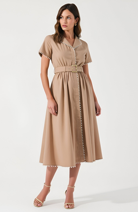 Short Sleeve Collared Midi Dress with Pearl Details and Statement Belt