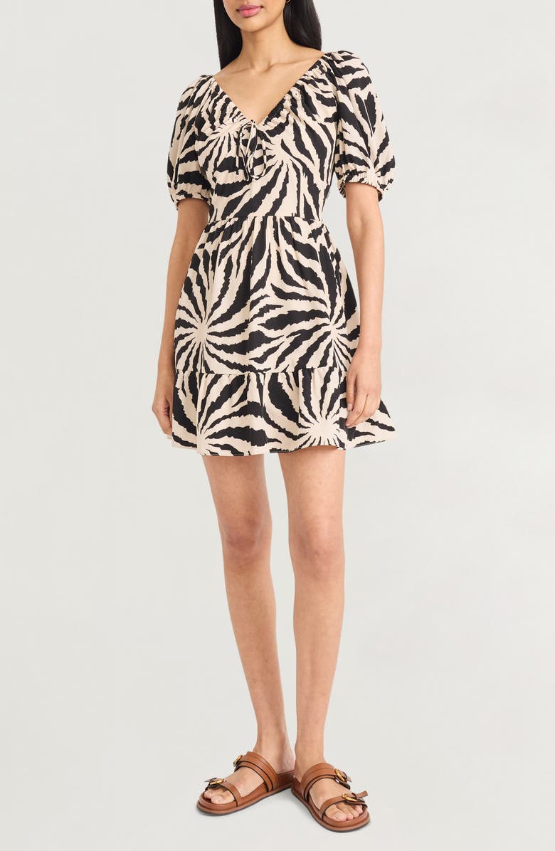The Good Journey Ruched Puff Sleeve Minidress, Main, color, Alabaster/ Black