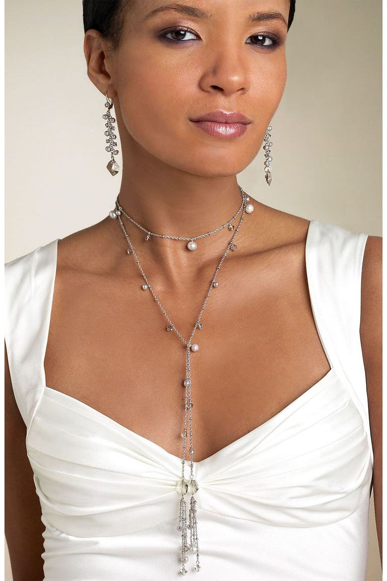 Pearl & Crystal Linear Earrings, Alternate, color, SILVER PEARL