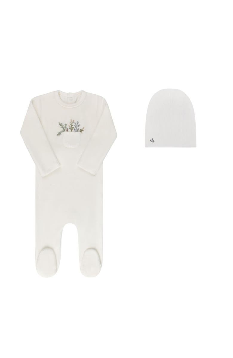 Ely's & Co. Velour Pocket Full of Flowers Collection - Footie + Cotton Beanie, Main, color, Ivory/Blue