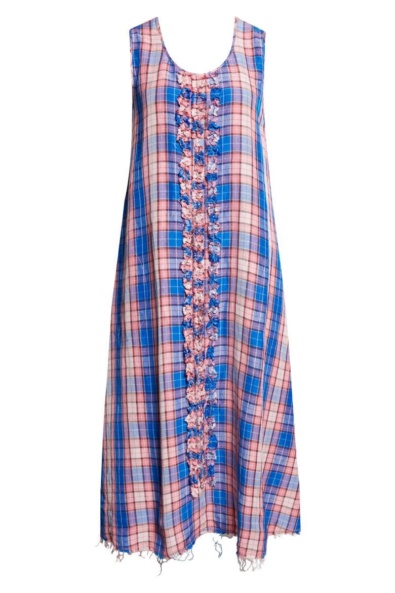 Frayed Ruffle Plaid Midi Dress, Alternate, color, BLUE PINK PLAID