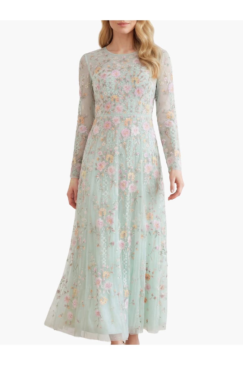 Garden Rose Long Sleeve Maxi Gown, Main, color, Sea Mist/Pastel Mint