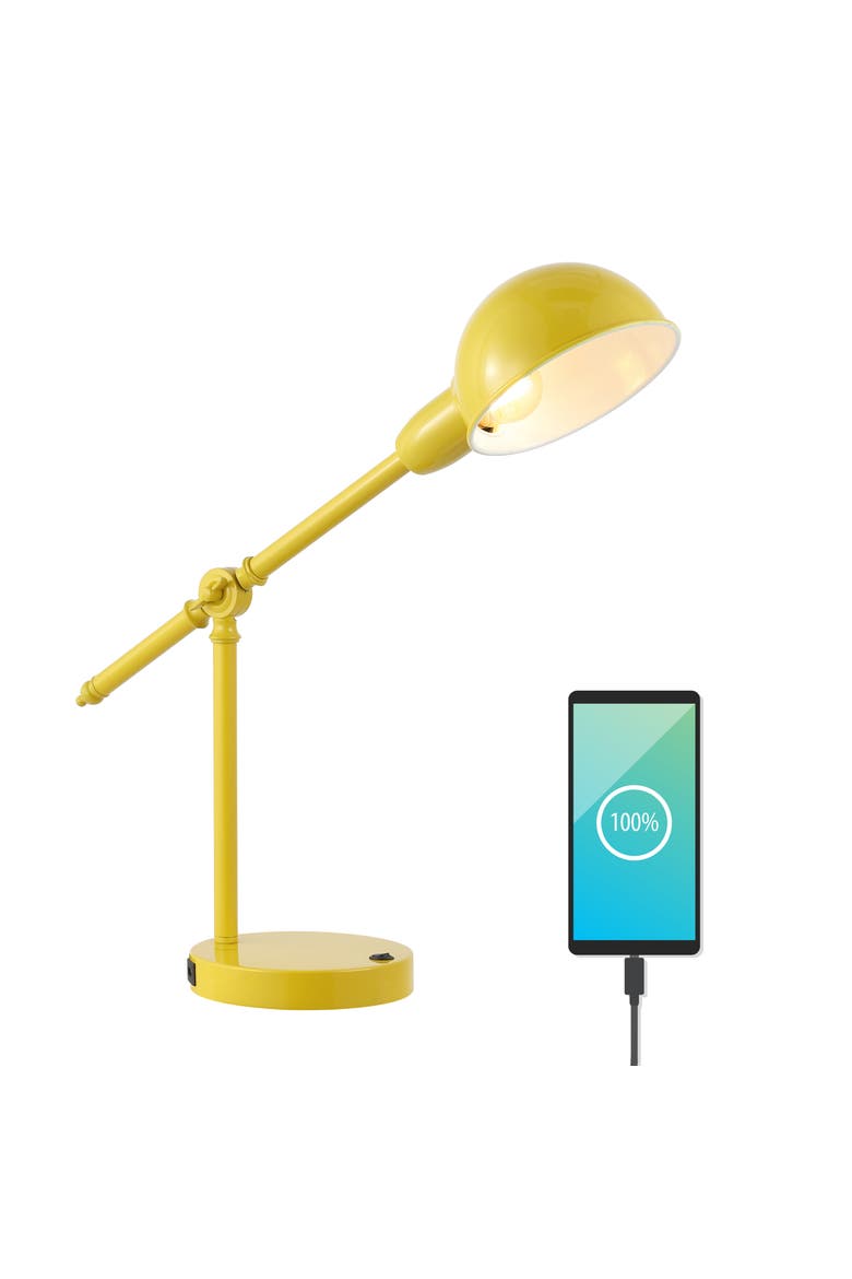 Curtis Vintage Industrial Iron Adjustable Dome Shade LED Task Lamp with USB Charging Port, Main, color, Yellow