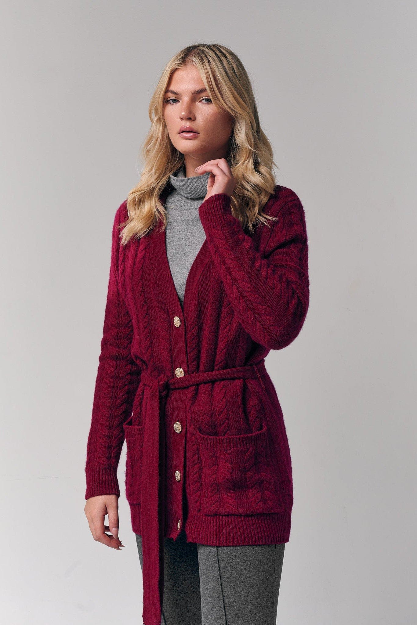Le Fafo Cable-Knit Cashmere Belted Cardigan in Burgundy 