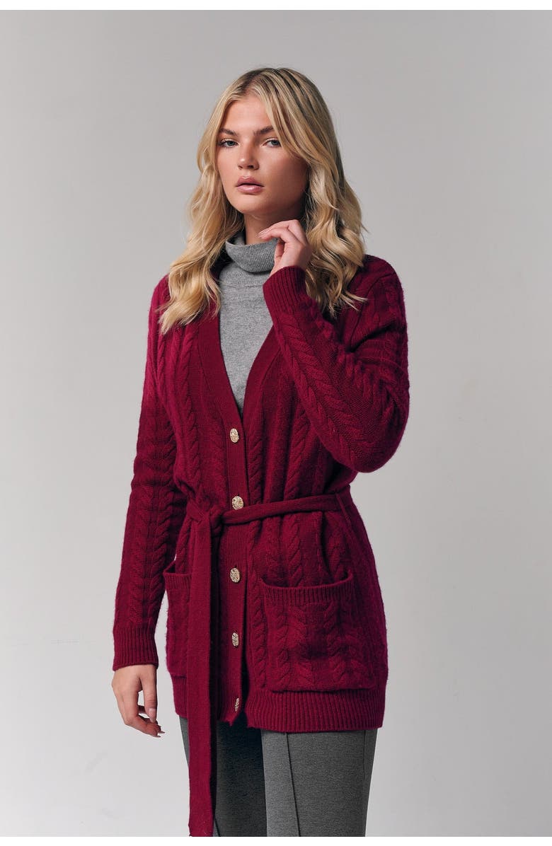 Le Fafo Cable-Knit Cashmere Belted Cardigan, Main, color, Burgundy