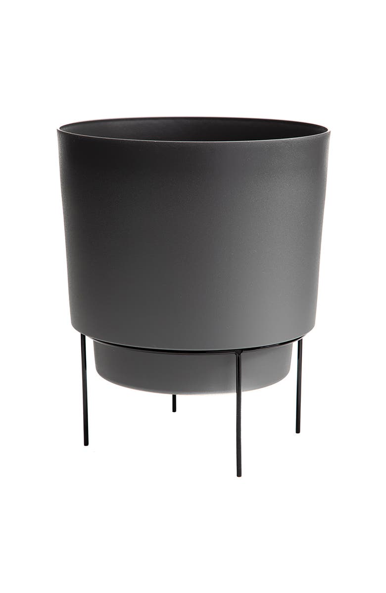 Bloem 10" Hopson Round Planter with Black Metal Stand, Charcoal, Main, color, Gray