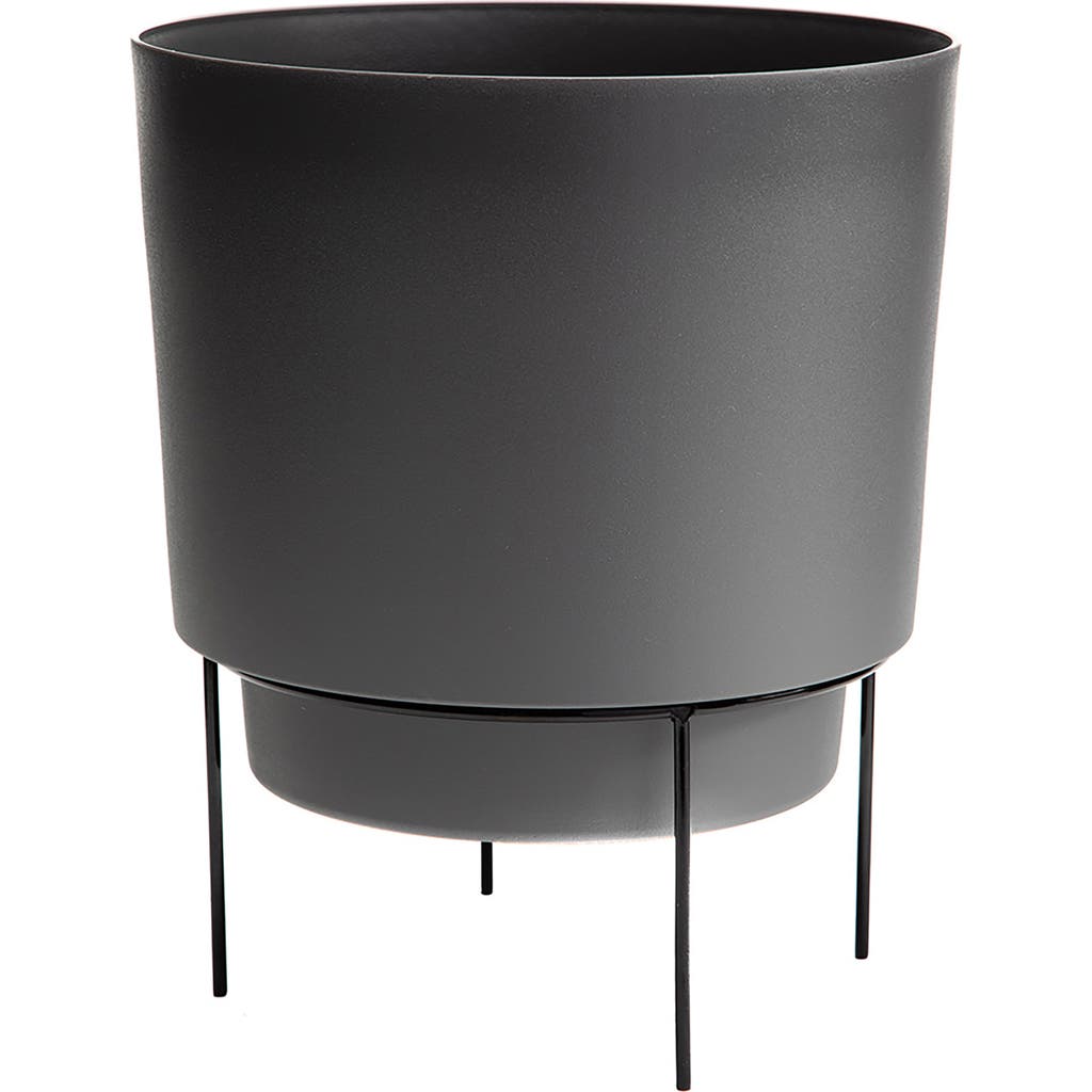 Bloem 10" Hopson Round Planter with Black Metal Stand, Charcoal in Gray  product