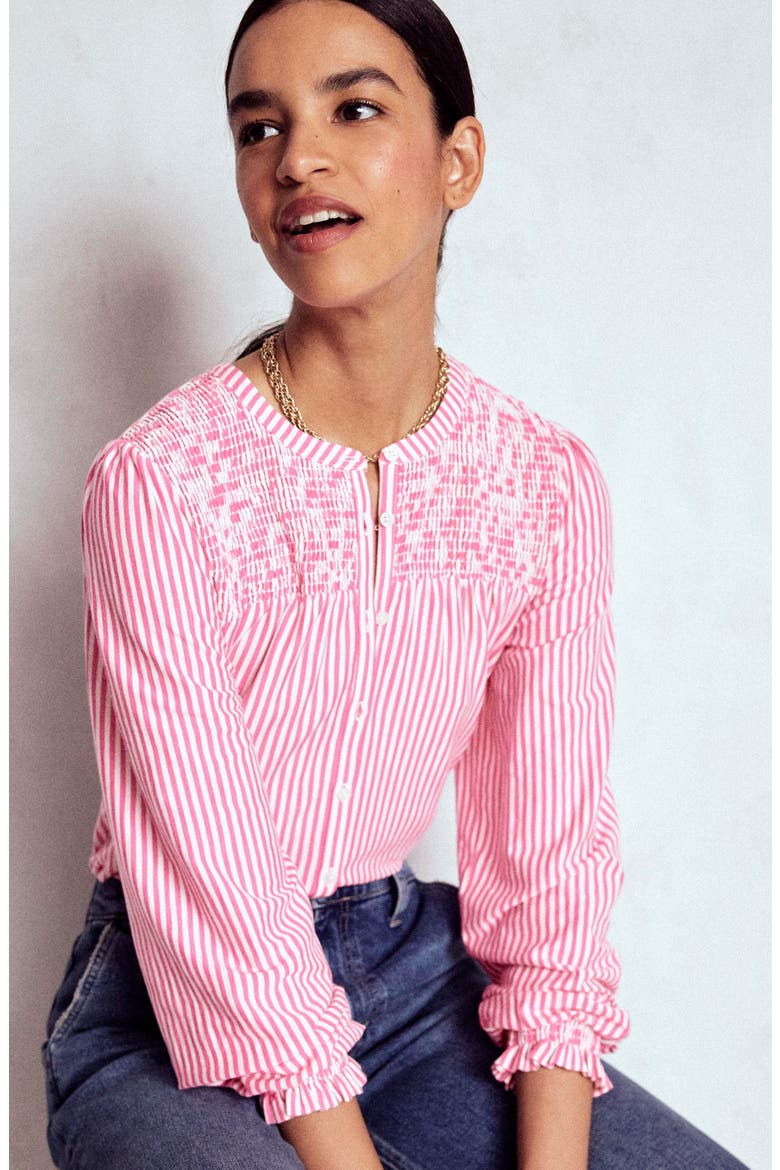 Elsa Smocked Woven Shirt, Alternate, color, PINK RIBBON STRIPE