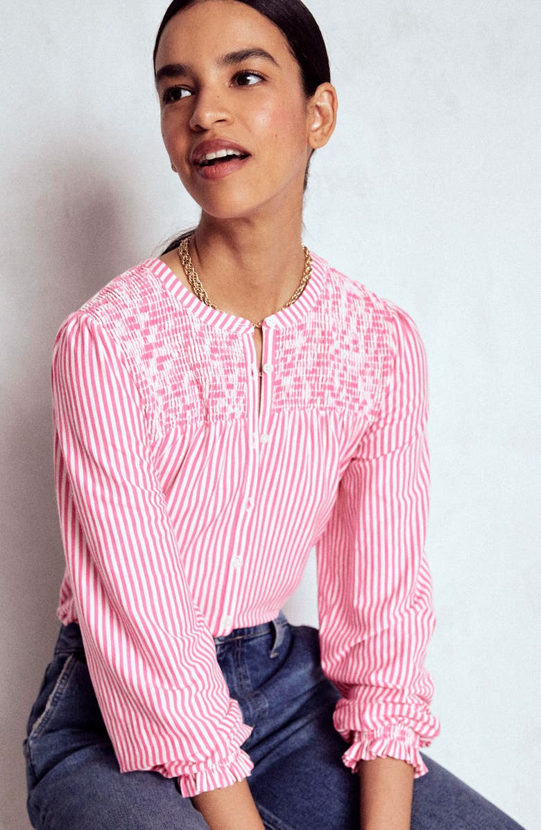 Boden Elsa Smocked Woven Shirt, Alternate, color, Pink Ribbon Stripe