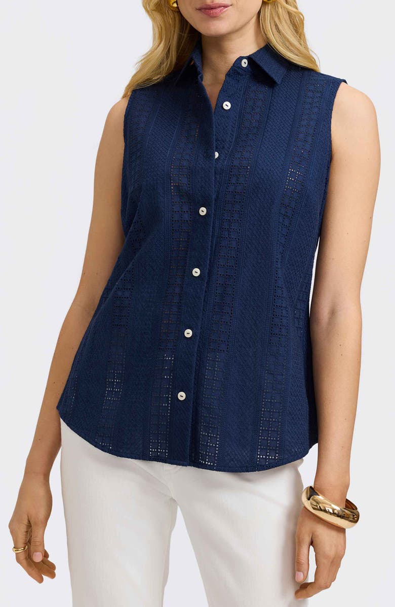 Foxcroft Ada Mixed Stitch Sleeveless Shirt, Main, color, Navy