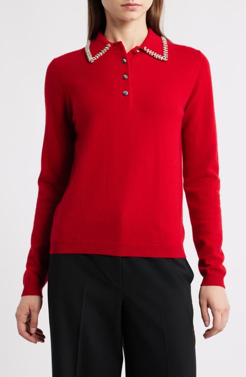 Elie Tahari The Janine Embellished Polo Sweater In Red