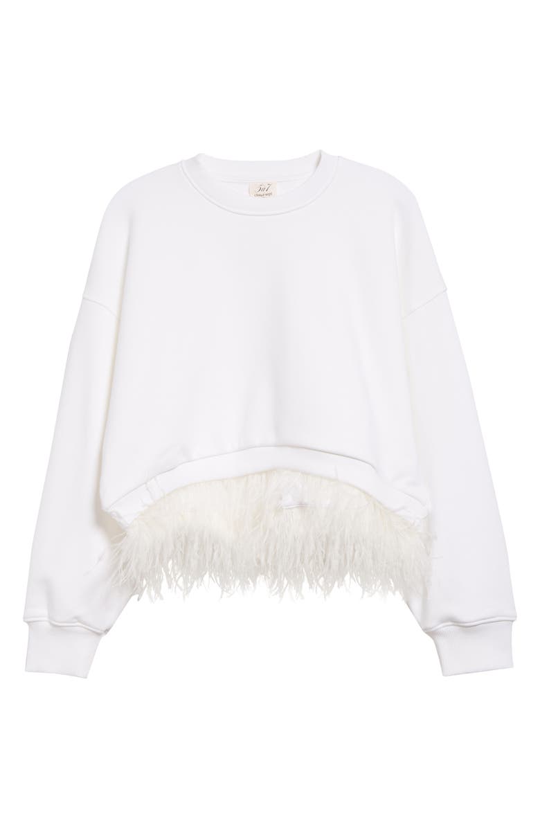 Cinq à Sept Albertine Feather Trim Cotton Blend Sweatshirt, Alternate, color, White