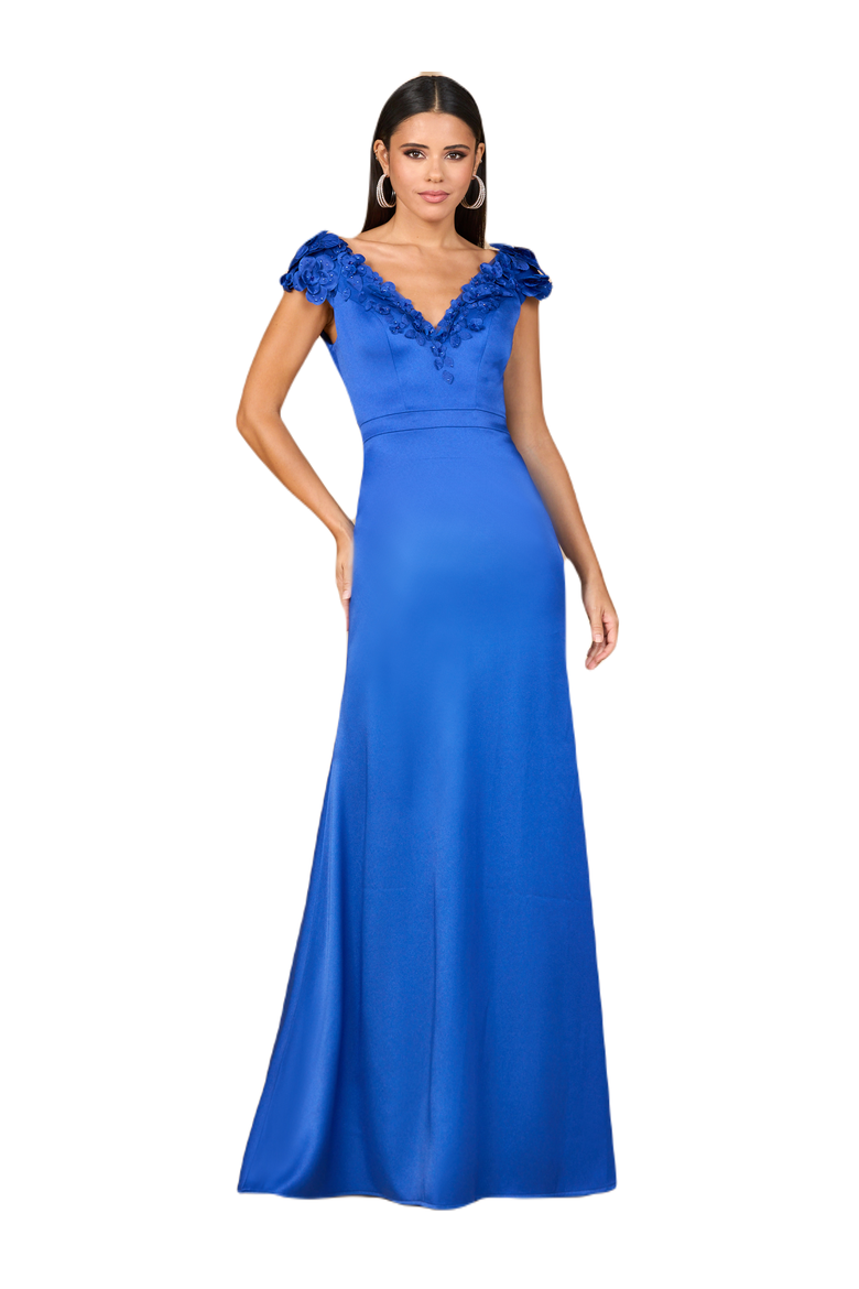 V-Neck, Satin Backed Crepe Gown, Main, color, Royal Blue