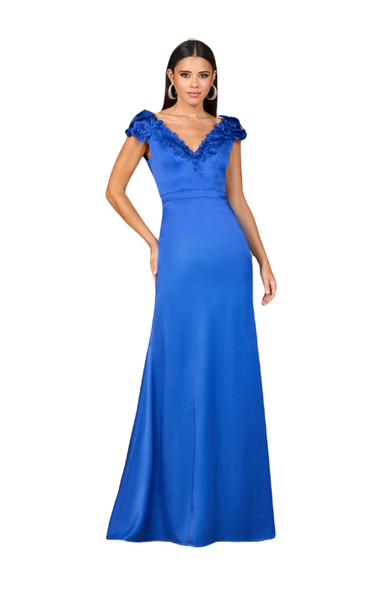 LARA New York V-Neck, Satin Backed Crepe Gown, Main, color, Royal Blue