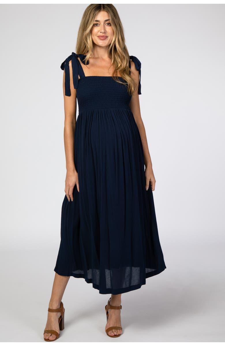 PinkBlush Smocked Tie Strap Midi Dress, Main, color, Navy Blue