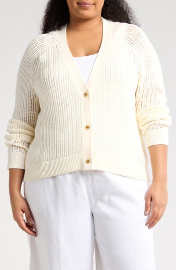 Shop Caslon ® Pointelle V-neck Cardigan In Ivory Pristine