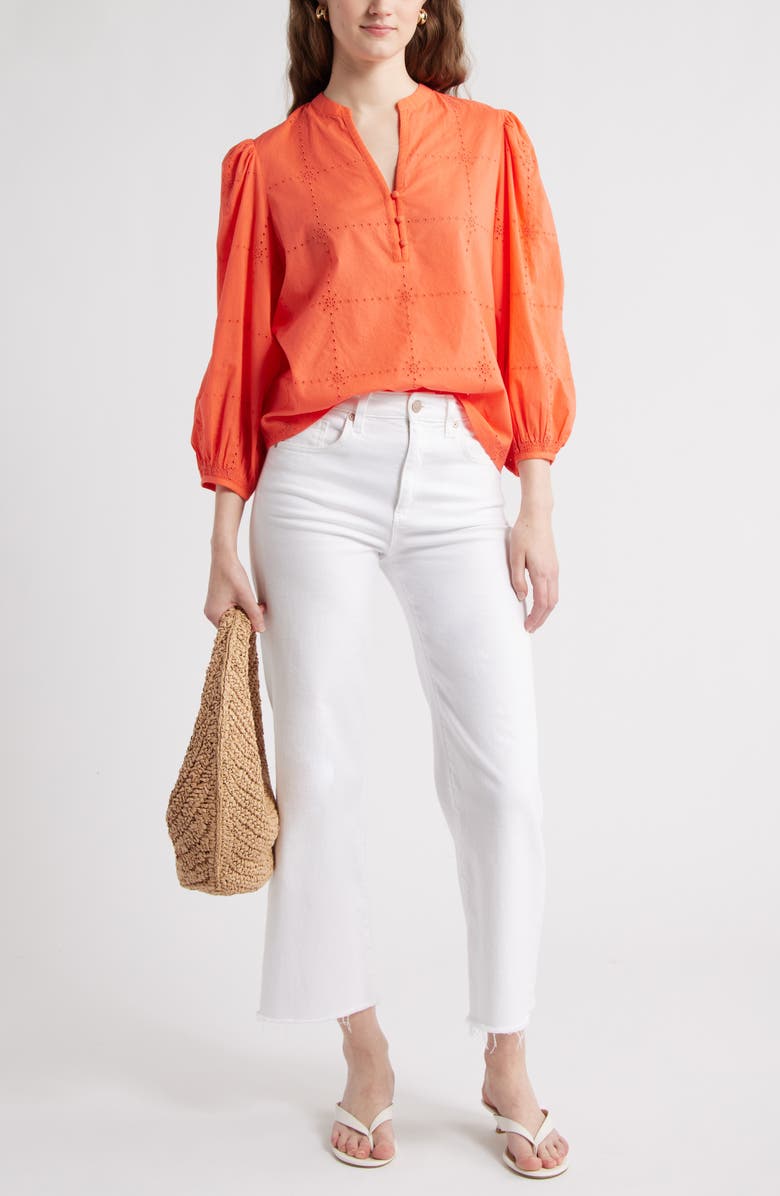 Caslon<sup>®</sup> Eyelet Embroidered Cotton Popover Top, Alternate, color, Coral Hot