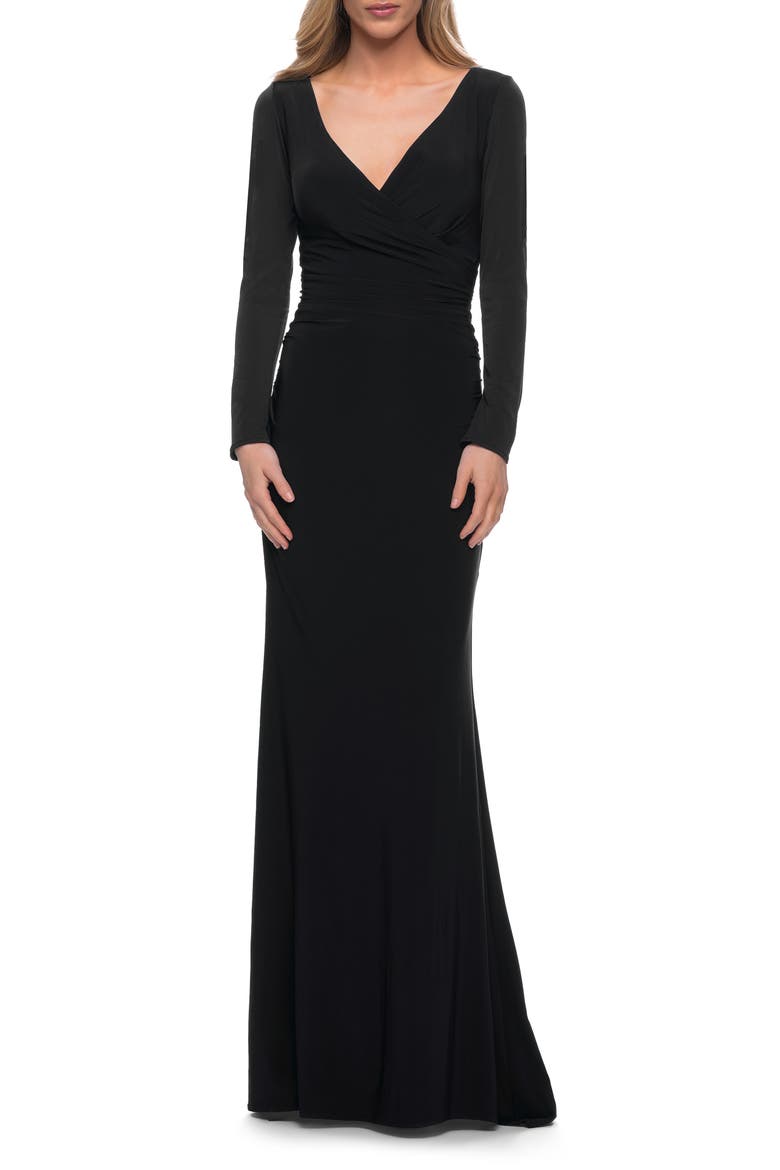 Long Sleeve Jersey Evening Dress with Ruching, Main, color, BLACK
