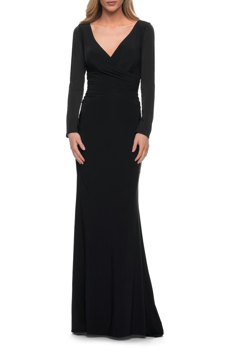 La Femme Long Sleeve Ruched Jersey Gown, Main, color, 
