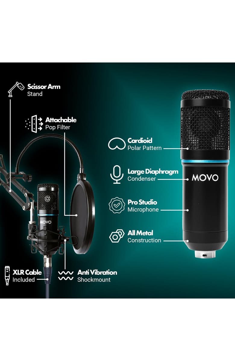 MOVO PodPak Podcast Equipment Bundle with Microphone, Boom Arm, and Pop Filter, Alternate, color, Black