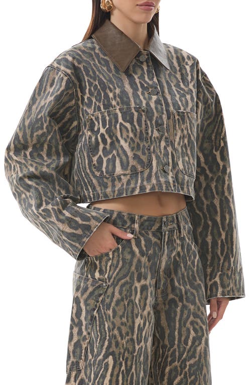 Afrm Wrenley Leopard Crop Denim Jacket In Gray
