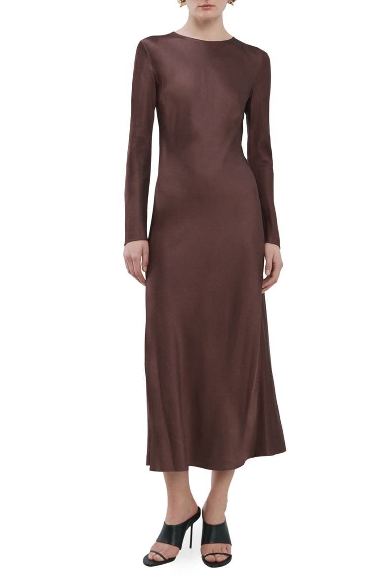 Long Sleeve Satin Midi Dress, Main, color, BROWN