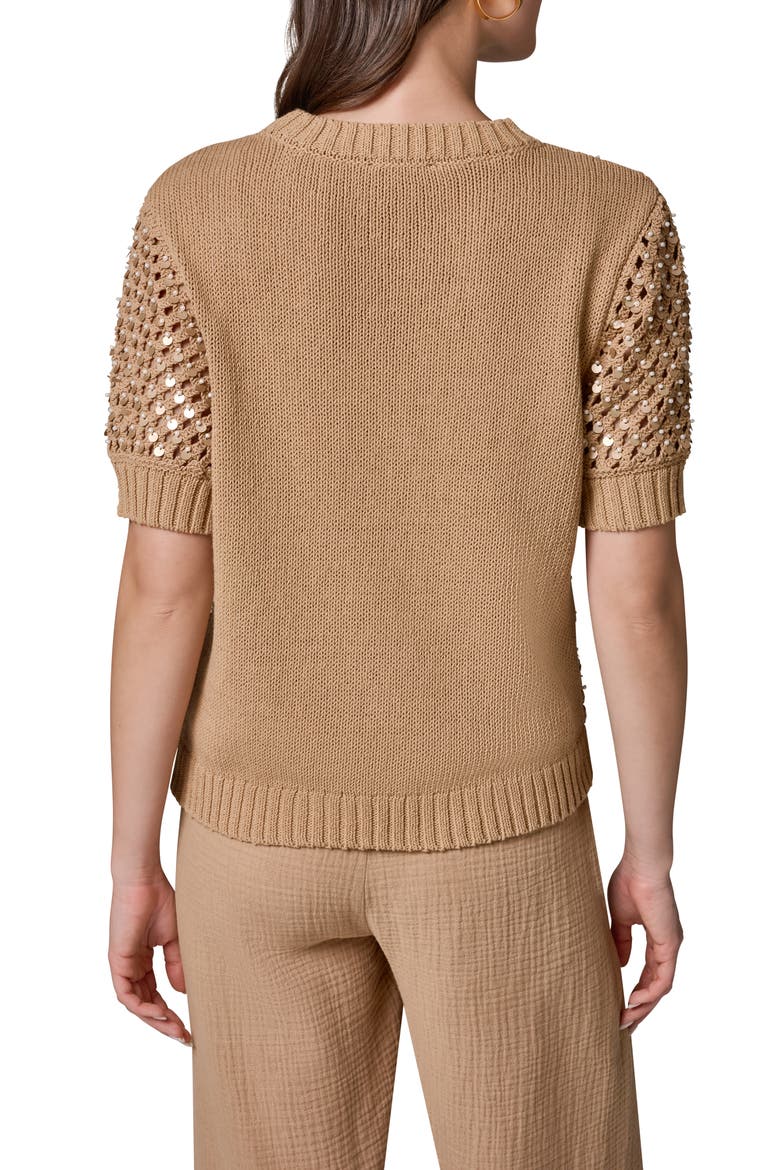 Pearl Detail Short Sleeve Sweater, Alternate, color, FAWN