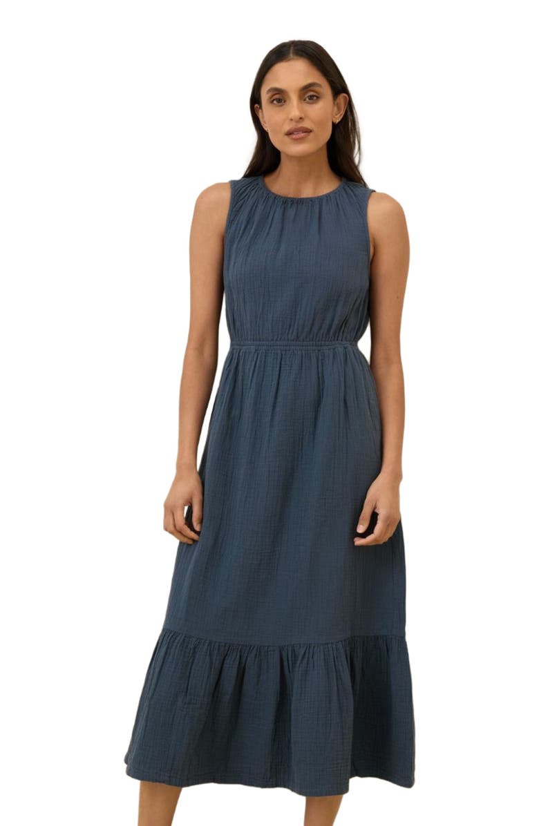 Pact Organic Cotton Coastal Double Gauze Tiered Midi Dress, Alternate, color, French Navy