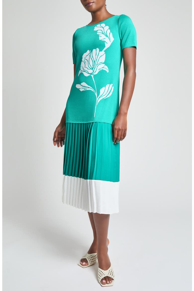 Modern Fit Mixed Media Pleated Midi Dress, Alternate, color, EMERALD AWE/ WHITE