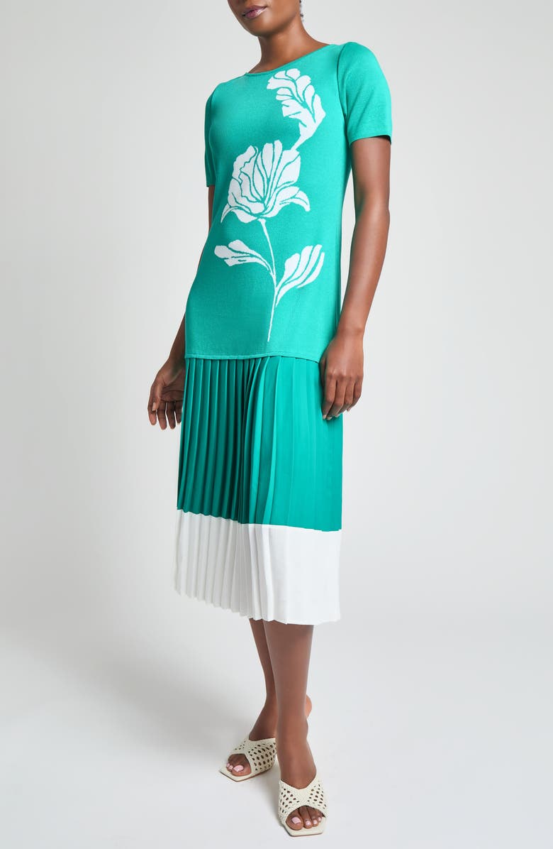 Ming Wang Modern Fit Mixed Media Pleated Midi Dress, Alternate, color, Emerald Awe/ White