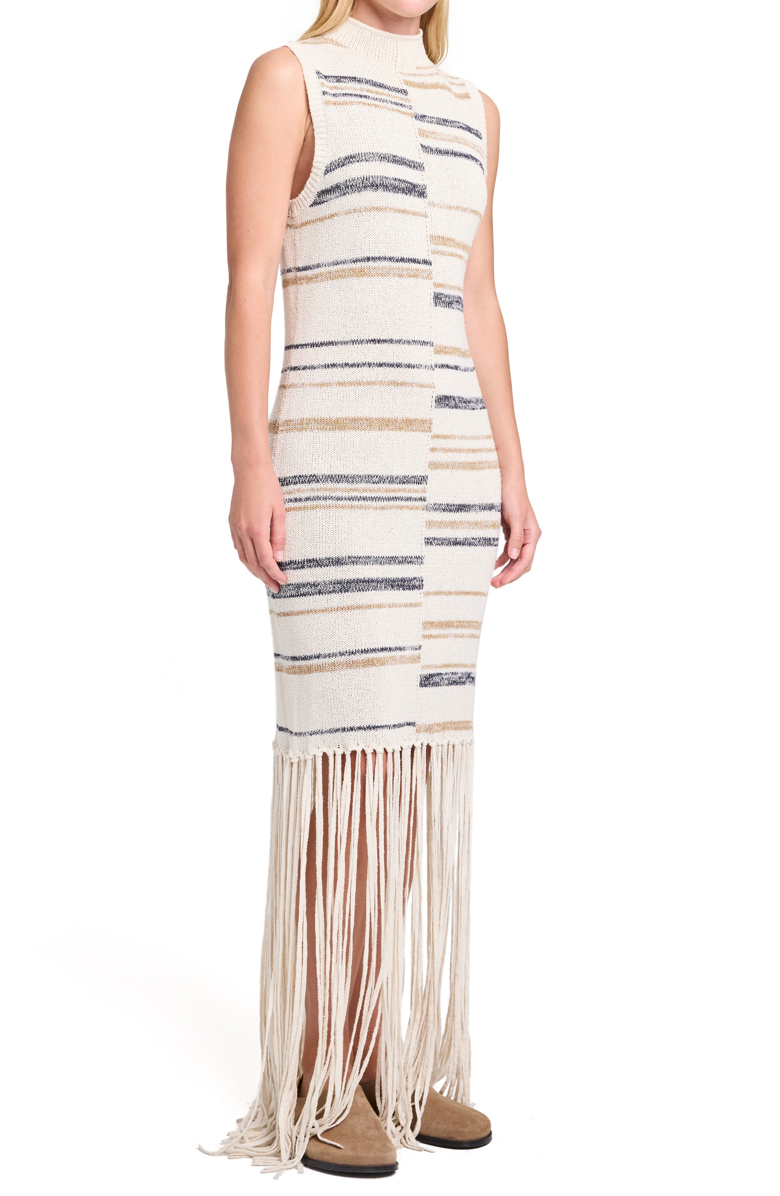 Stripe Fringe Detail Stretch Silk & Linen Sweater Dress - image 2