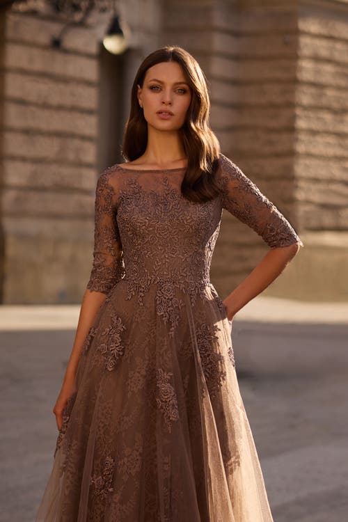 La Femme Lace And Tulle A-line Gown With Three Quarter Sleeves In Cocoa