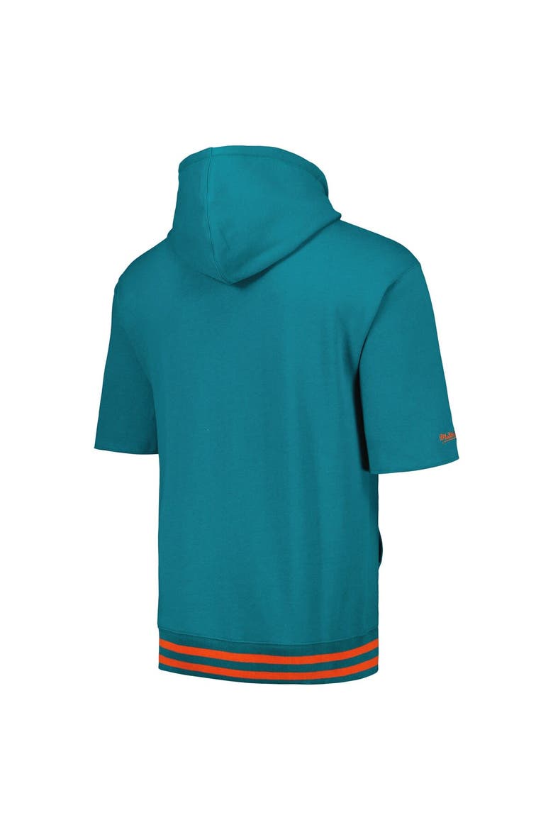 Men's Mitchell & Ness Aqua Miami Dolphins Pre-Game Short Sleeve Pullover Hoodie, Alternate, color, Aqua