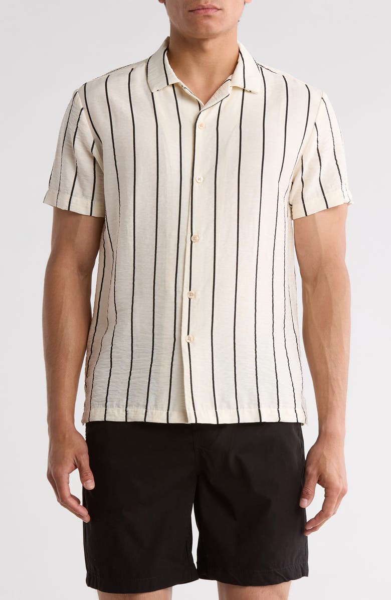 DENIM AND FLOWER Stripe Relax Fit Camp Shirt, Main, color, Cream/Black
