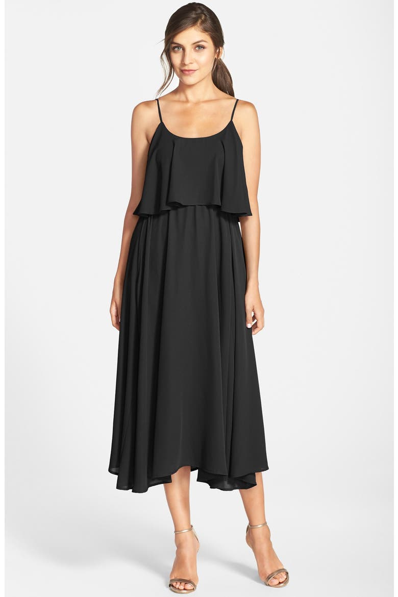 by Lauren Conrad 'Britton' Ruffled Tea Length Crepe Dress, Main, color, BLACK